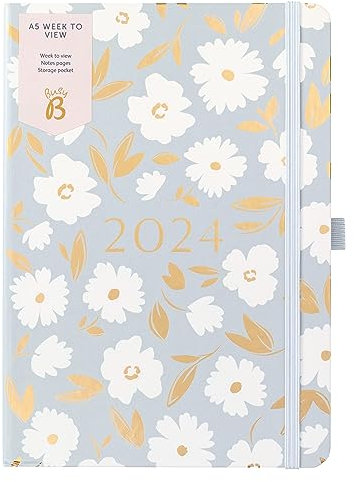 Busy B - Terminkalender von Januar bis Dezember 2024 - Blaue Blumen - A5 Wochenplaner mit Notizen, Stifthalter und Steckfach
