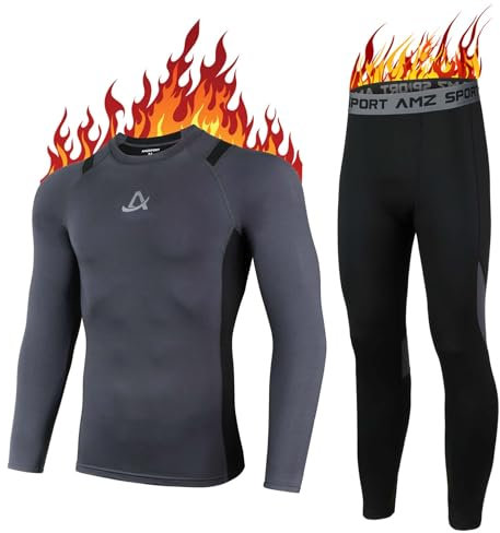 AMZSPORT Thermounterwäsche Set für Herren, Ideales Winter-Set zum Skifahren und Laufen, Enthält Atmungsaktive Funktionsunterwäsche sowie eine Thermohose, Grau XL