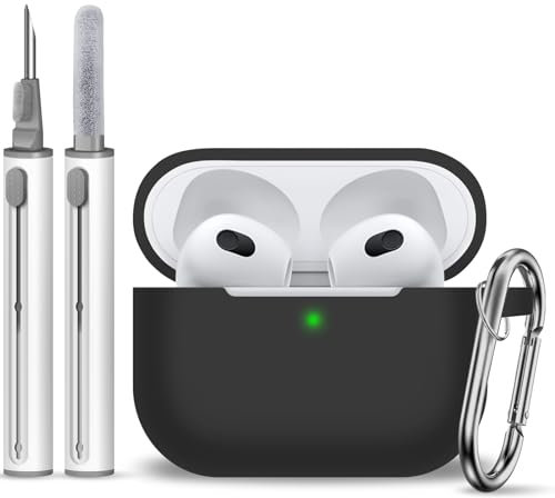 MOLOPPO AirPods 3 Case Cover, Silicone Protective Accessories Skin with Keychain and Clean Pen Compatible with Apple AirPod 3rd Generation 2021 for Women Men,Front LED Visible-Black