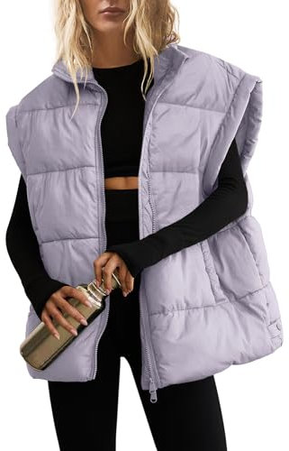 SENSERISE Piumino da donna oversize trapuntato, gilet imbottito con cerniera, con tasche, Viola chiaro, Medium