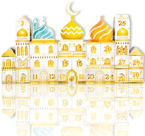DPKOW 30 Stk Geschenkboxen Ramadan Kalender zum Befüllen, DIY Adventskalender Ramadan Countdown Kalender Ramadan Deko, Goldene Papier Kuchen Süßigkeiten Leckereien Keks Boxen, mit 1-30 Aufkleber