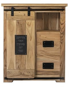 SAM Sideboard Libro I, Akazienholz massiv + naturfarben, Kommode mit Holzschiebetür, 2 Schubladen & 3 offenen Fächern, Türelemente & Reling aus Eisen, 75 x 90 x 36 cm