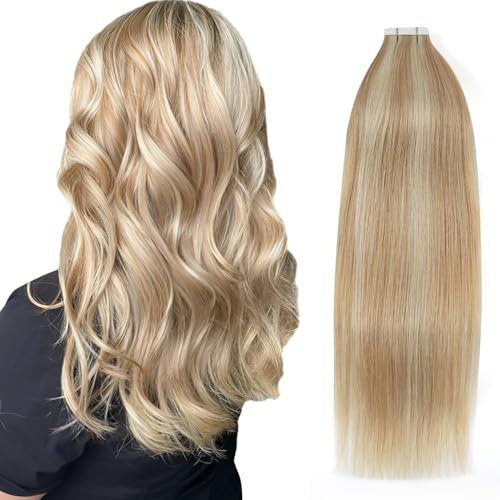 YMEYME Tape in Haarverlängerung Echthaar 40cm, von Dirty Blonde bis Platinum Blonde, 50g, 20 Stück