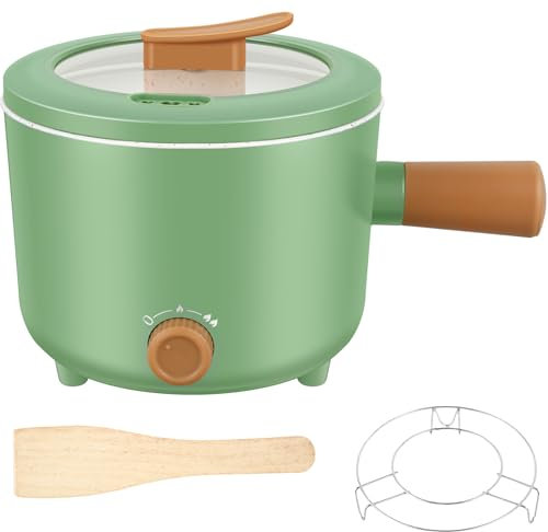 Electric Hot Pot with Handle 2 Gear 1.8L/55oz Mini Electric Cooker Non-Stick Hot Pot Cooker with Wooden Spatula Steam Rack Mini Hot Pot Over Heating Boil Dry Protection for Soup Porridge