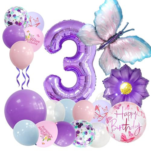 Afritee Geburtstagsdeko 3 Jahre Mädchen - 25 Stück Schmetterling Deko Mit Folienballon Und Ballons in Lila