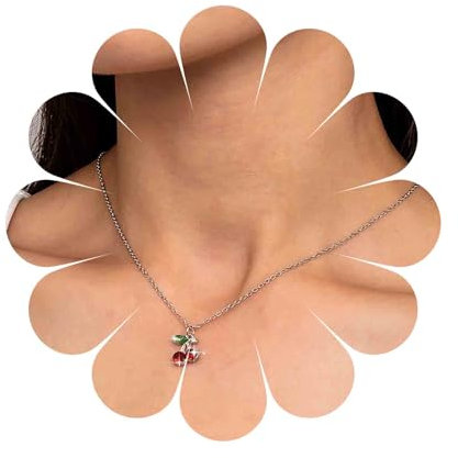 Inateannal Vintage Kirsch Halskette Choker Rote Kirsche Anhänger Halskette Silber Rubin Anhänger Halskette Rot Kristall Kirsche Halskette Frucht Kirsche Kette Schmuck Für Frauen Und Mädchen