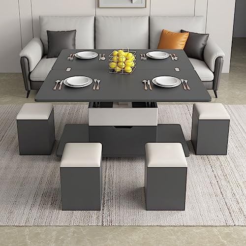 DOFFO Table Basse relevable avec 4 tabourets de Rangement, Table de Salle à Manger Extensible pour Le Salon, Table Centrale multifonctionnelle 3 en 1 avec Rangement caché