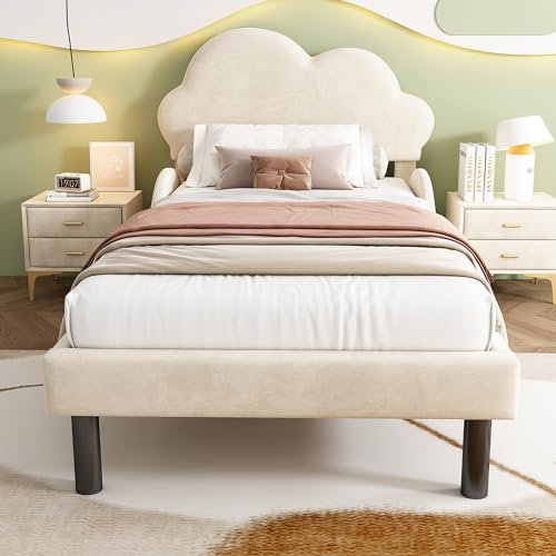 Dalred Luxuriöses Samt Soft-Polsterbett mit Wolkenkopfteil, geschwungenen Seitenschienen und großem Stauraum, 90 * 200cm, Beige