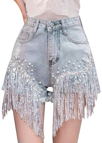 Jeans-Shorts für Damen, Sommer-Shorts Hohe Taille, Pailletten Hotpants Mit Perlen Zerrissene Fransen Kurze Shorts Jeans Nacht Club Wear Party Strand Disco Jeans Bermuda