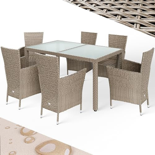 Casaria® Gartenmöbel Set 6 Stühle inkl. 7cm Polster Tisch 150x90cm Polyrattan wetterfest stapelbar Outdoor Balkon Terrasse 160kg belastbar modern beige