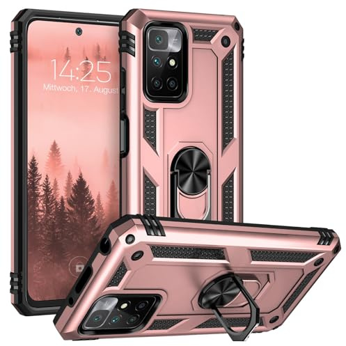 LBH Outdoor Hülle für Xiaomi Redmi 10 Armor Militär Stoßfest Handyhülle 360 Grad Metal Ring Halter Ständer Schutzhülle für Handyhalterung Auto Magnet Rosegold