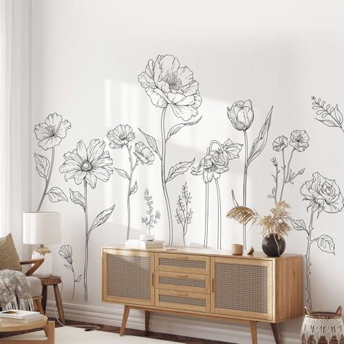 Supzone Stickers Muraux Style Bohème - Fleurs Ethniques & Lignes Noires Décoratives - Autocollant Mural Artisanal Amovible pour Chambre/Salon/Bureau - Décoration Murale Élégante