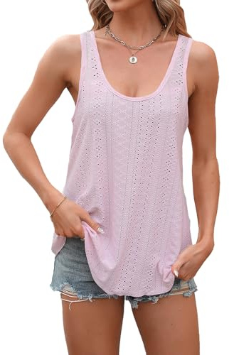 Bipily Debardeur Femme Chic et Élégant Haut Ete col Rond Sangle Spaghetti Camisole Top Femme sans Manche Loose Fit Oeillet Broderie Camisole