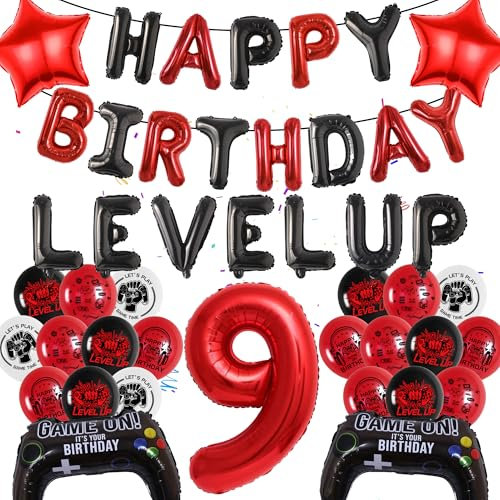 Wylario Gaming 9th Birthday Decorations - 49 Piece Red Game Party Decorations With Happy Birthday Balloon Banner, Video Game Latex Balloons 9 Year Old Gamer Birthday Decoration for Boys
