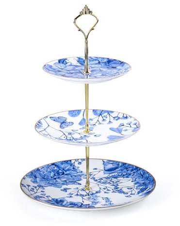 3-Stöckiger Keramik-Kuchenständer, Blaues und Weißes Porzellan Cupcake Ständer, Etagere für Hochzeit, Knochenporzellan Tortenständer, 6.5/8/10.5 Zoll Dessertständer für Geburtstag, Party