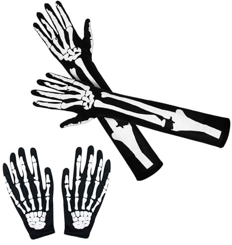 Milaloko Halloween Skelett Handschuhe Lange Schädel Kralle Geist Knochen Volle Finger Kurze Handschuhe für Erwachsene Halloween Cosplay Kostüm Party