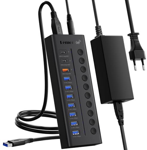 Lemorele Hub USB 10 en 1, 7 Puertos USB 3.0 y 3 Puertos de Carga USB C/A, Compatible con PC y Otros Dispositivos, con Interruptor de alimentación Independiente y LED, Longitud de Cable de 0.8 m