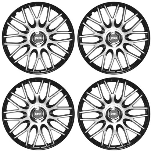 Premium Radkappen 14 Zoll in Schwarz-Silber-Matt mit Chromnabe 4er-Satz hochwertige Radzierblenden für PKW-Stahlfelgen Radblenden-Zweifarbig Radabdeckungen Raddeckel Zierblenden Zierkappen 4 Stück