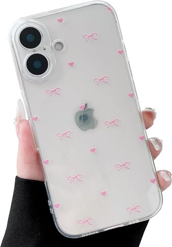 ZTOFERA Clear Case for iPhone 16, Cute Love Heart & Bowknot Pattern Design Aesthetic Transparent Phone Case Soft Flexible TPU Shockproof Protective Cover for Women Girls - Hot Pink Bow