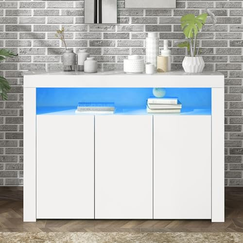 Jaxenor High Gloss Sideboard LED Cabinet with 3 Doors for Living Room, Dining Room, Hallway, Kitchen, Storage Display Cabinet with LED Light, USB Powered (White)