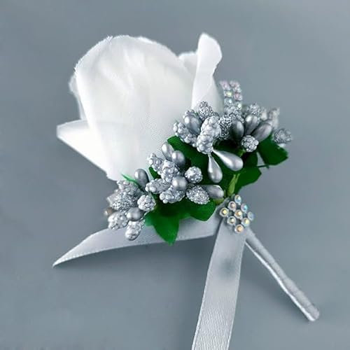 Bräutigam, Bräutigam, Ansteckblume mit Rosen, Ansteckblume für Hochzeit, Abschlussball, Party (1, Silber)