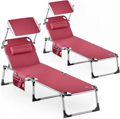 Casaria® 2er Set Sonnenliege Klappbar Wetterfest Gartenliege Mit Dach Seitentasche 180kg Belastbar Alu Liegestuhl Leicht Relaxliege Strand Pool Rot