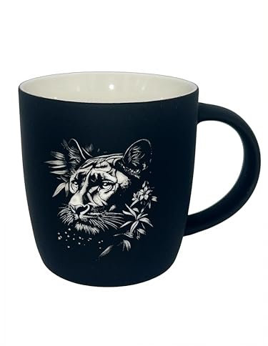 Tasse aus Porzellan/Außen gummiert/ 300ml – schwarz/Personalisiert/Geschenkverpackung/mit Tier-Motiven/oder nur Text Lasergravur (Schwarz, Schwarzer Panther)