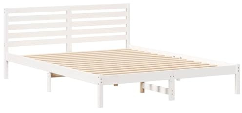 vidaXL Bettgestell mit Kopfteil Weiß 160 x 220 cm Massivholz Kiefer, Moderner Kiefernholz Plattformbett, Stabiler Rahmen für Matratze, minimalistisches Design, modernes Schlafzimmermöbel