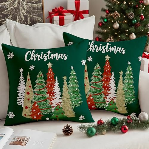 Vorysum Grün Chrismas Weihnachtsbaum Kissenbezug 40x40 cm 2er Set Samt Winter Schneeflocke Weihnachtsdeko Kissenbezüge Weihnachten Dekokissen Kissenhülle für Party Wohnzimmer Büro Hotel