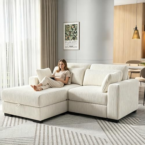 YNYHTER 2-Sitzer-Sofa, gepolstertes Wohnzimmer-Cheslong-Schlafsofa, Chaiselongue, modulares Bodensofa in L-Form aus Samt mit Kissen und Ottomane (Beige, 2 Sitzer+1 Fußstütze)