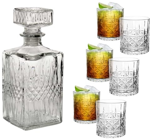 Set Bicchieri Whisky 300 ml con Decanter Whisky da 1000 ml in Vetro – 6 Bicchieri da Rum Moderni con Bottiglia, Bicchiere Vetro Particolari, Tumbler per Cocktail