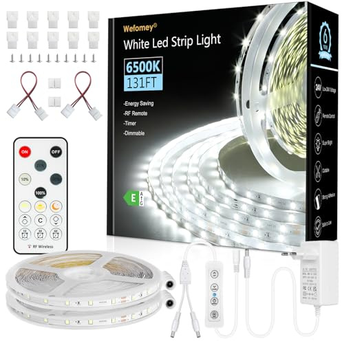 Wefomey LED Strip 40M Kaltweiß, LED Streifen Kaltweiss 6500K Dimmbar, 24V Selbstklebend Weiß Flexible DIY LED Lichtband Set, mit Netzteil und RF Fernbedienung, für Home Dekoration Treppe Küche
