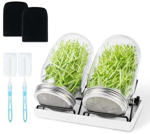 Uxadrenovix Sprossenglas Set – 2er Set Keimgläser à 1000 ml mit Ständer, Lichtschutz-Hülle, Untersetzer und Reinigungsbürste, ideal zur Indoor-Keimung von Sprossen, spülmaschinengeeignet