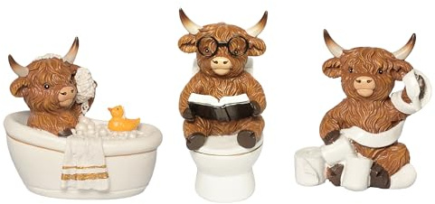YeehaWhoo 3 Pcs Highland Cow Gifts, Highland Cow Ornaments, Highland Cow Figurines with Bathtub/Toilet/Tissue, Rustic Resin Ornaments Statue for bathroom accessories home decor