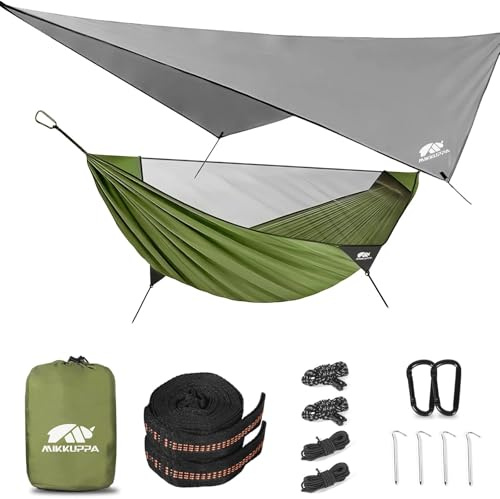 MIKKUPPA Hängematte Outdoor mit Moskitonetz Regenschutz 350kg, 290x155cm | 210T Fallschirm Nylon inklusive Aluminium Heringe Seile Baumgurte für Trekking Reise Garten
