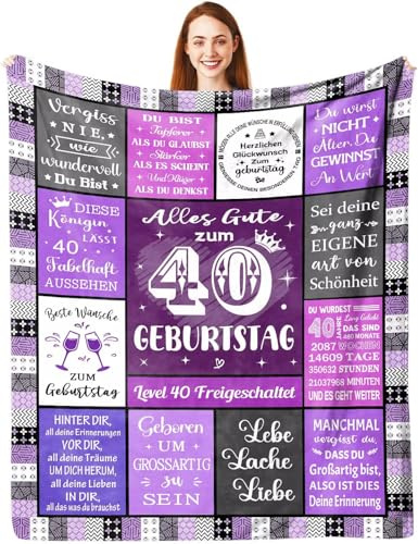 ARRITS Kuscheldecke Geschenke zum 40. Geburtstag Frau 150 x 200 cm | Personalisierte 40 Geburtstag Decke Geschenk für Frauen Schwester Mama Tochter Ehefrau, Happy 40th Birthday Deko Flanelldecke