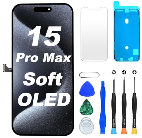 DIGI4U Soft OLED Display für iPhone 15 Pro Max, 6.7 Zoll Bildschirm Ersatz Truetone FHD COP Display Digitizer Assembly mit Reparaturwerkzeug, Displayschutz und wasserfestem Kleber