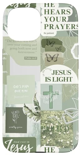 Sage Green Christian Jesus Light Bible Verse Collage Case for iPhone 15