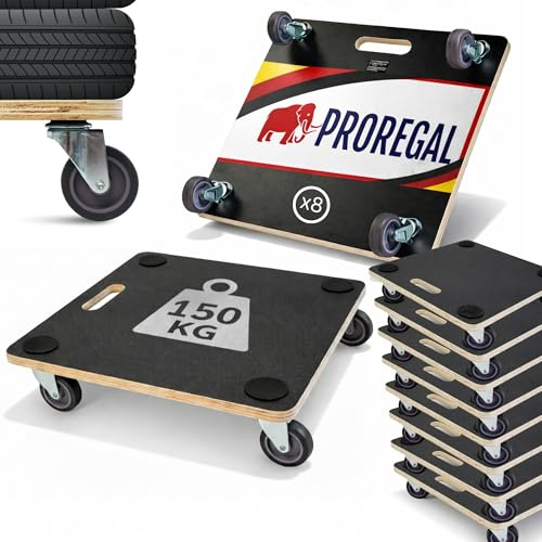 PROREGAL Profi Transportroller Hercules 50x50 cm Schwerlast bis 150 kg mit 4 Gummirollen & Griff, Siebdruckplatte, 8er Set Rollbrett für Reifen Möbelroller Transporthilfe für Umzug Pflanzen Werkstatt