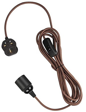 Teynewer Pendant Light Fitting Kit, E27 Lamp Holder with Switch & UK Plug, 2 Core Braided Textile Cable for DIY Hanging Ceiling Lighting Fitting Kit (Coffee, 3m)
