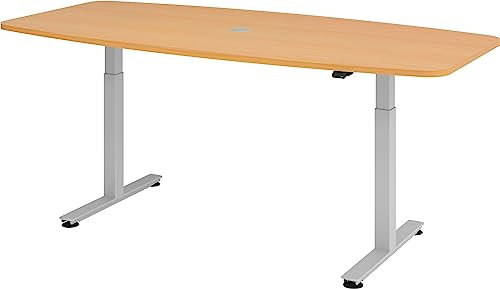 Bümö elektrisch höhenverstellbarer Konferenztisch Buche 220x103 cm - Besprechungstisch rund-oval, grosser elektrischer Meeting-Tisch höhenverstellbar für Konferenz & Besprechungsraum