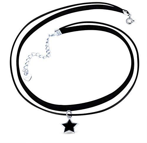 Yumilok Frauen Damen Mädchen Choker Doppel Kette Halskette mit Stern Anhänger Choker Halskette Halsband Schwarz Seil Leder