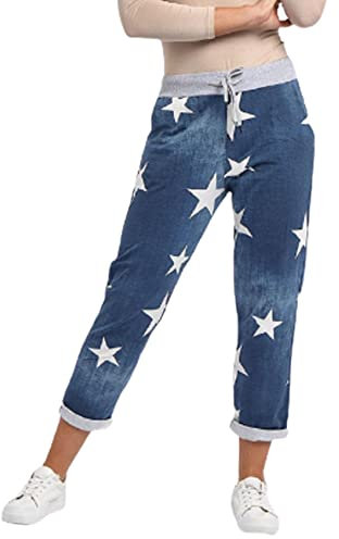 Crazy Girls Womens Plain Italian Floral Trousers, Denim Blue Star, ML (UK 12-14)