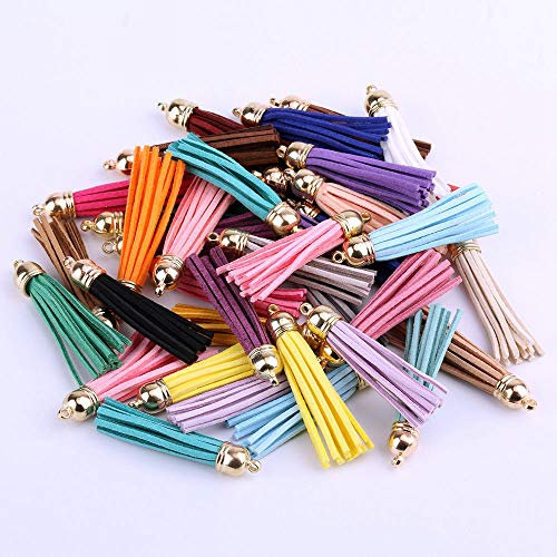 LUMoony MoonyLI 50 Stück Leder Quaste Anhänger Kunstleder Quaste Schlüsselbund Quaste Anhänger mit Kappen Silber Quaste Mischfarbe Kunst Wildleder Quaste Leder Charm DIY Schmuck Zubehör (50mm)