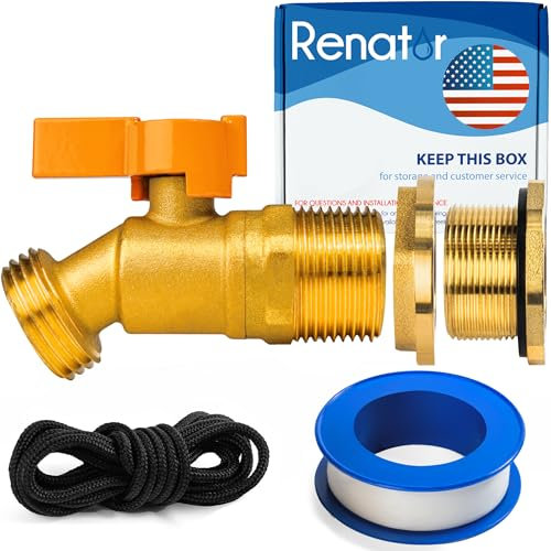 Renator P72-02330G Robinet en laiton pour baril de pluie Conforme sans plomb 1,9 cm quart de tour avec raccord de cloison, ruban fileté et fil polyester