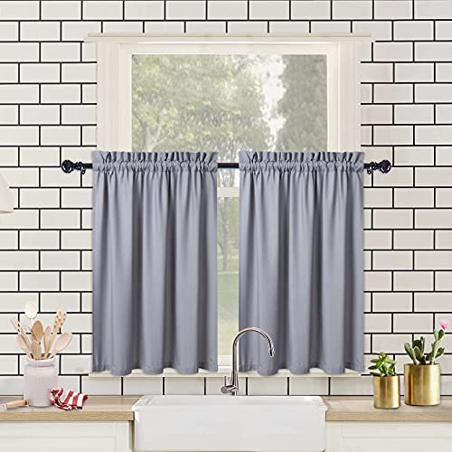 CAROMIO Wasserabweisende Scheibengardinen Modern Halbe Cafe Küchen Scheibengardinen Geprägte Musterstruktur Kurzgardine Kurzstores für Kleinfenster Vorhang Kurz, 2 x B 76 cm x H 91cm, Grau, 2er Set