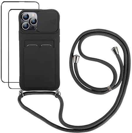 Case for iPhone 12 Pro Max with 2 Piece Screen Protector, with Non-Slip Sliding Lens Cover, with Cord TPU Bumper - Black