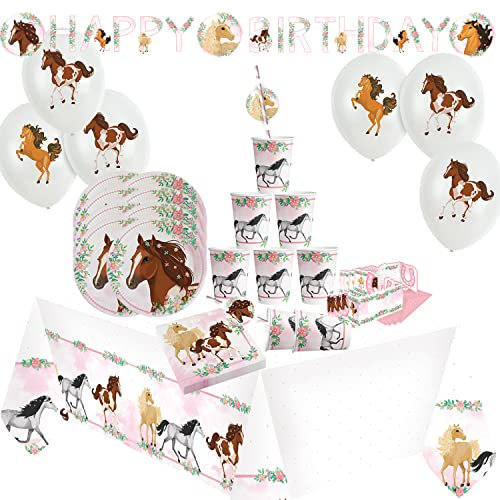 Krause & Sohn Party-Set Kindergeburtstag viele Teile Geschirr Geburtstag Dekoration Geburtstagstisch (Pferde auf Blumenwiese)