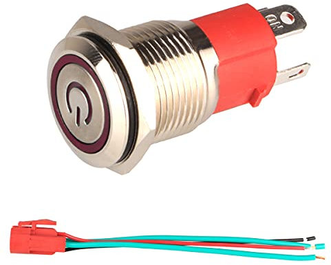 GUUZI 12V-24V / 15A Interruptor de Botón de Enclavamiento NO, Luz LED Roja Impermeable Iluminado Botón de Encendido de Metal de 16 mm con Cable de Enchufe