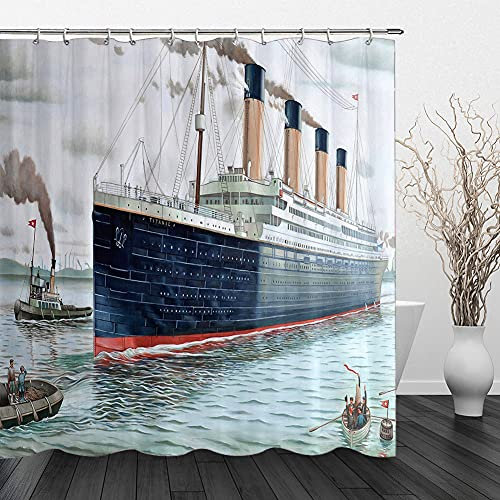 PUEENOD Titanic Duschvorhang Schiff Ozean Duschvorhang Titanic Dekor für Badezimmer 177,8 x 177,8 cm mit Haken